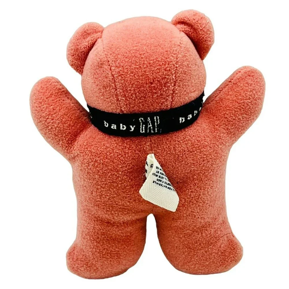 Baby GAP Dark Pink Teddy Bear Plush Rattle Blue Ribbon 6‎ inch Embroidered Eyes